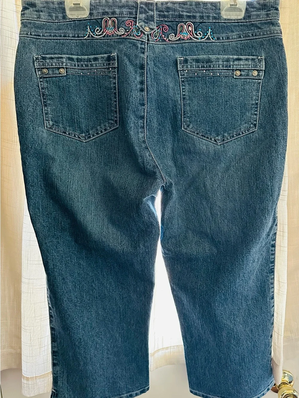 Cosmopolitan Dark Blue Cropped  Jeans with Pink Paisley Embroidery Size 14